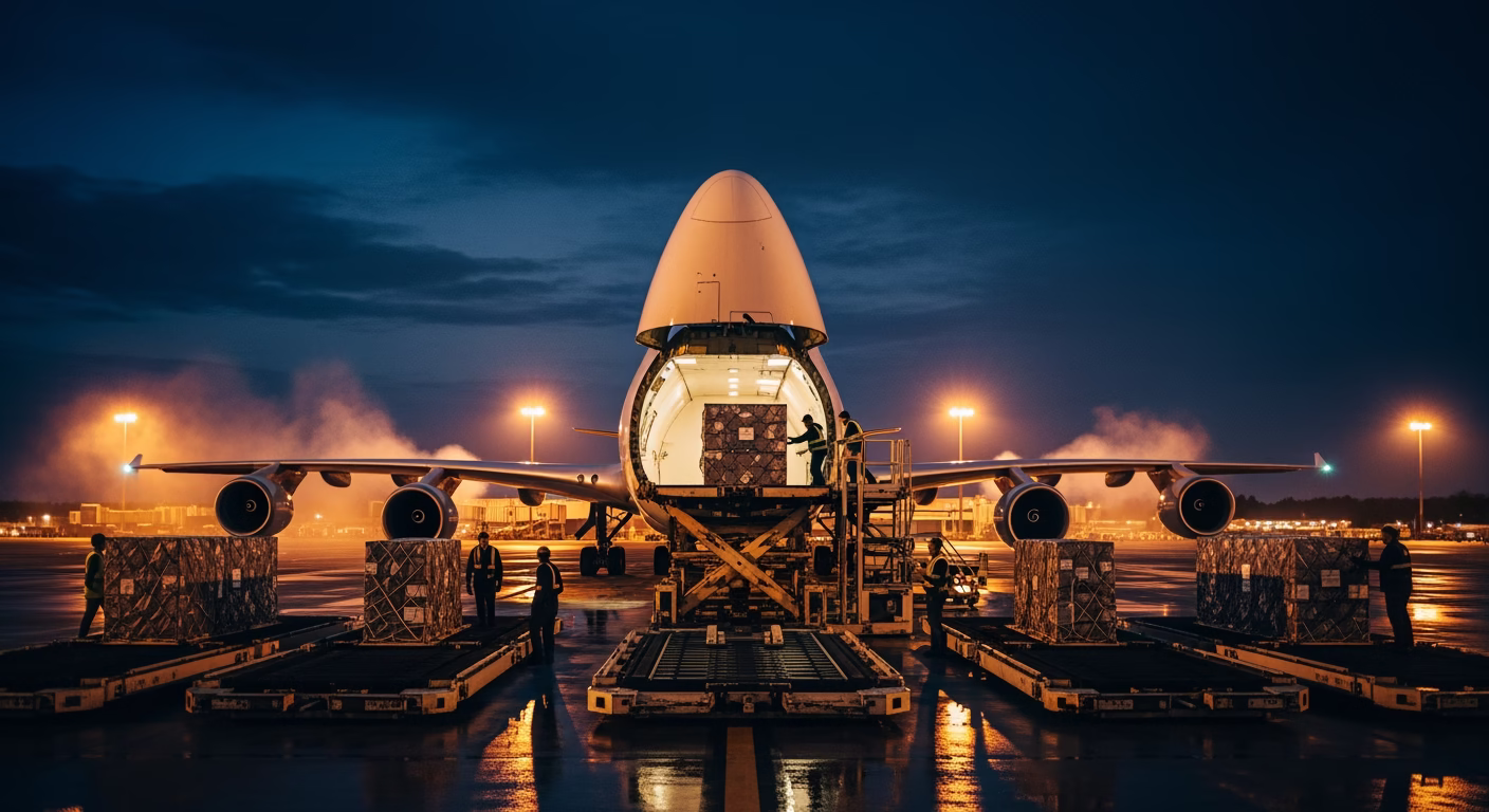 FedEx stock analysis cargo aircraft loading at a global air freight hub at dusk