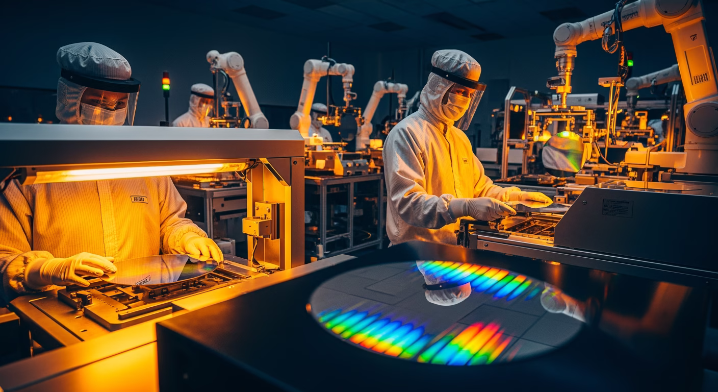 NVDA stock analysis showing semiconductor wafer fabrication on a clean room line