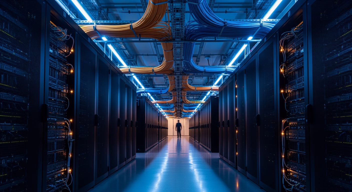 NVDA stock analysis of a data center server hall powering AI compute
