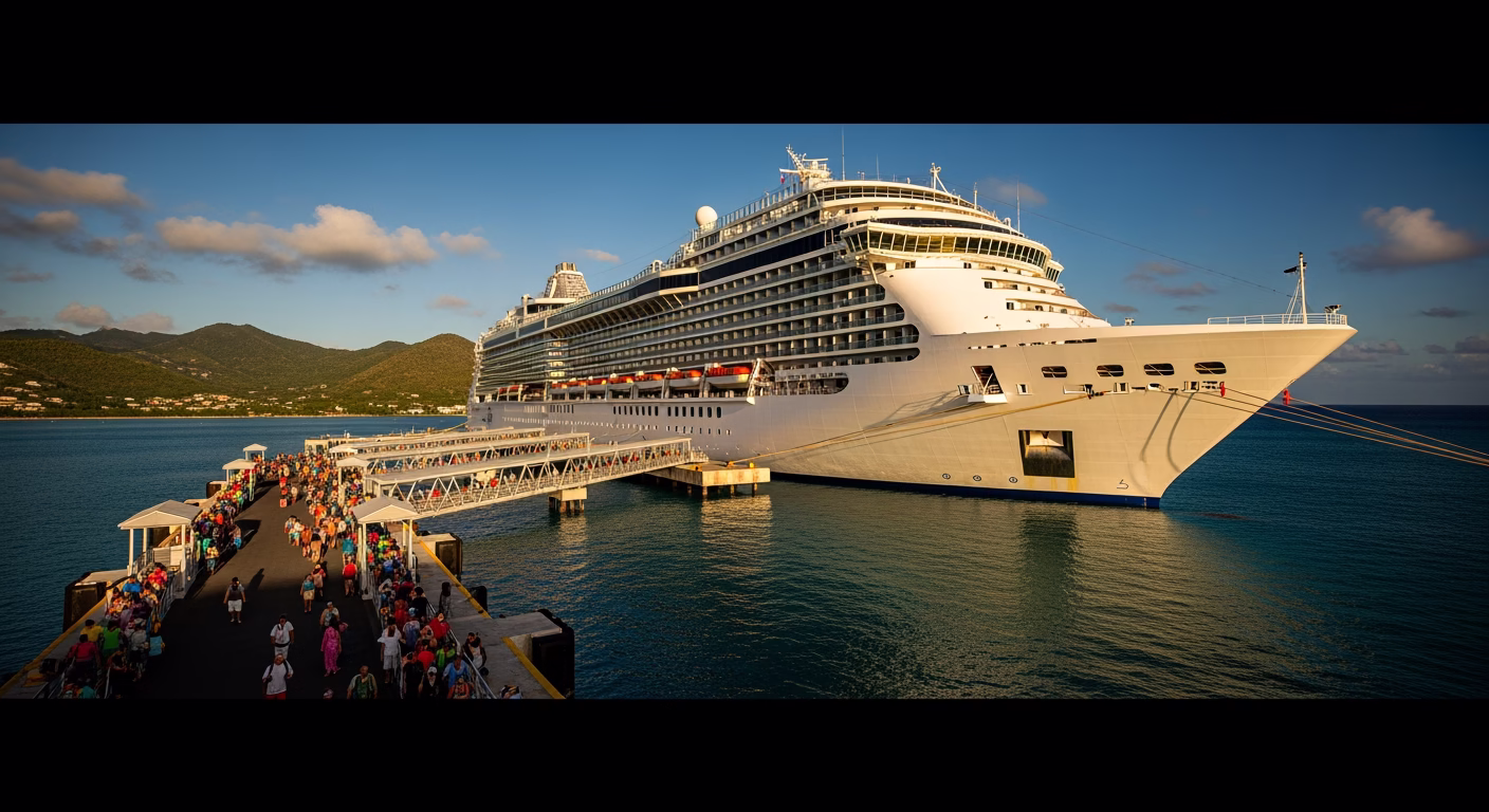 Royal Caribbean stock analysis of a large cruise ship docked at a tropical private island port
