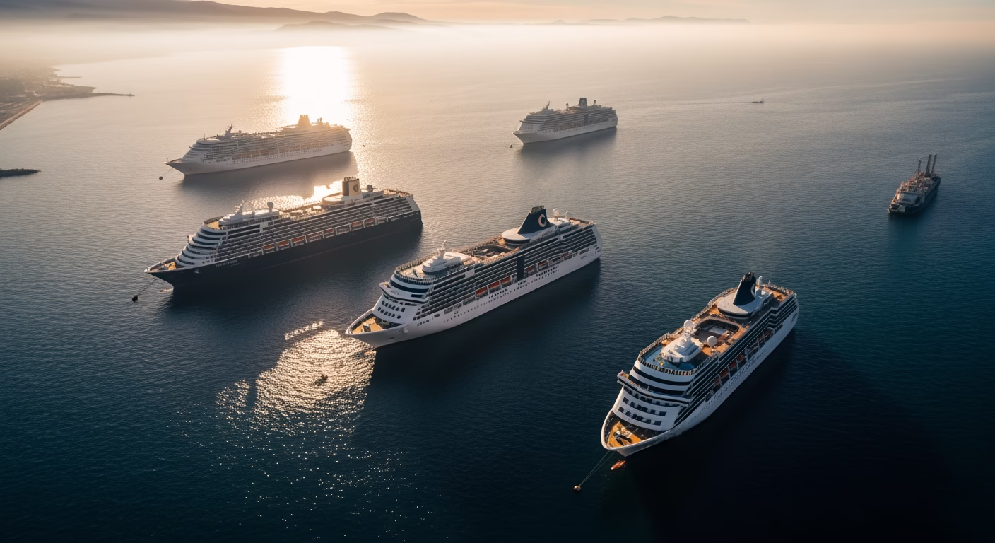 Royal Caribbean stock brand portfolio diagram showing three cruise ships representing mass-market, premium, and luxury tiers