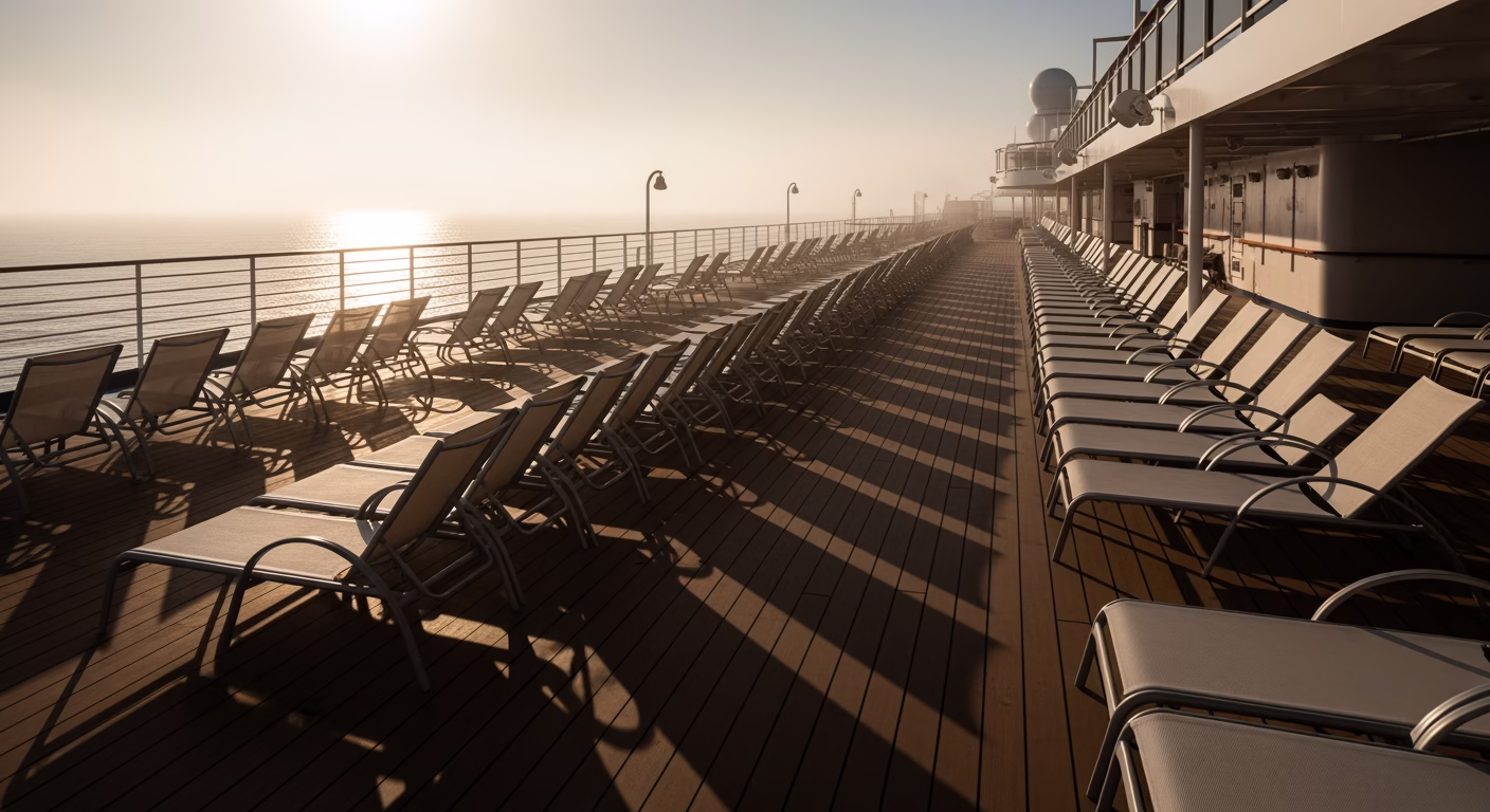 Royal Caribbean stock recession risk illustrated by empty deck chairs on an idle cruise ship at sea