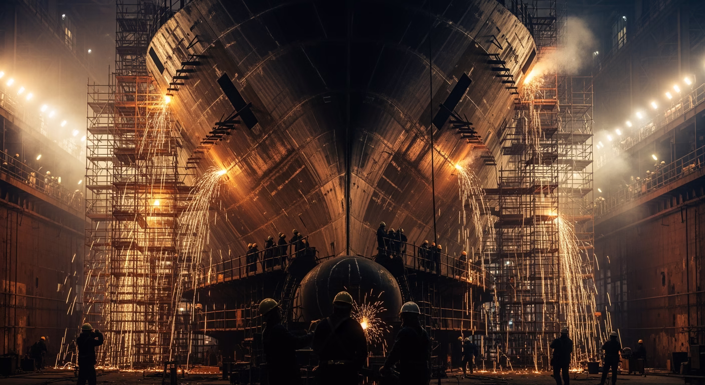 Royal Caribbean stock balance sheet risk shown by a cruise ship under construction in a shipyard dry dock