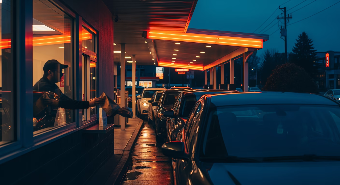 Wendy's stock analysis of a fast food drive-thru lane at dusk