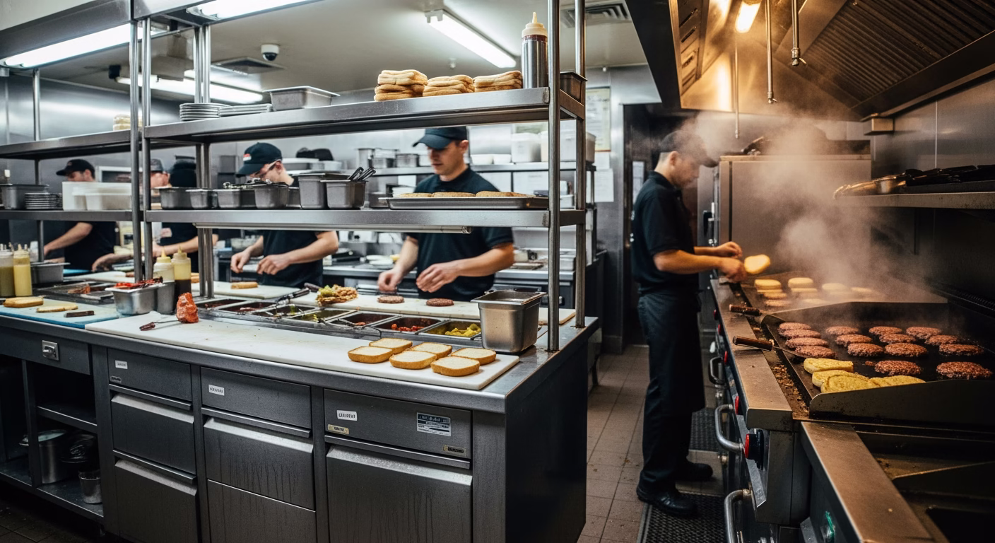 Wendy's stock analysis showing a fast food restaurant kitchen line during service