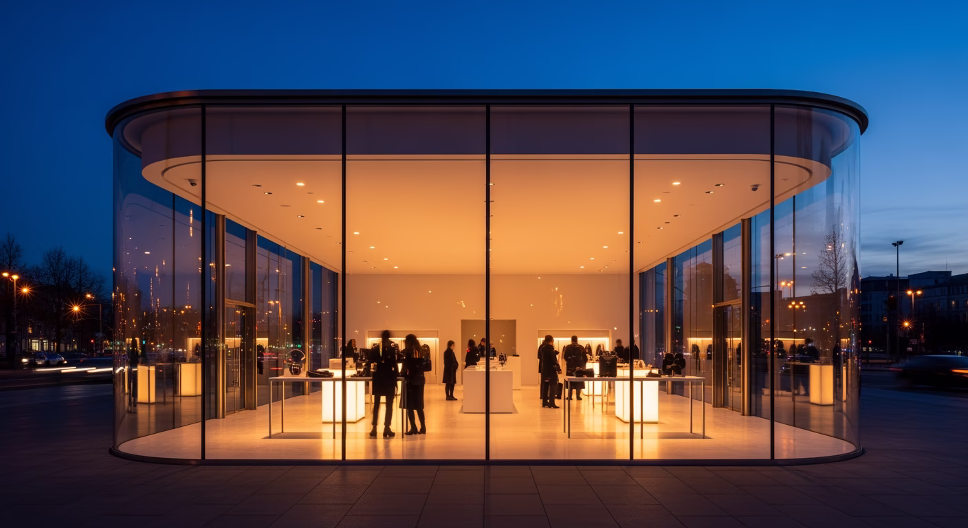 Apple stock analysis 2026 flagship retail store glass facade at dusk
