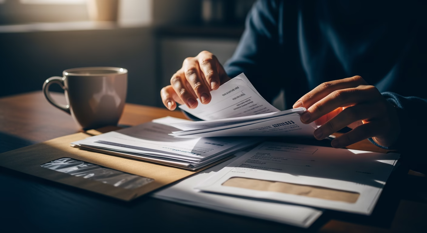 Bread Financial stock consumer holding multiple retail credit cards at kitchen table reviewing bills