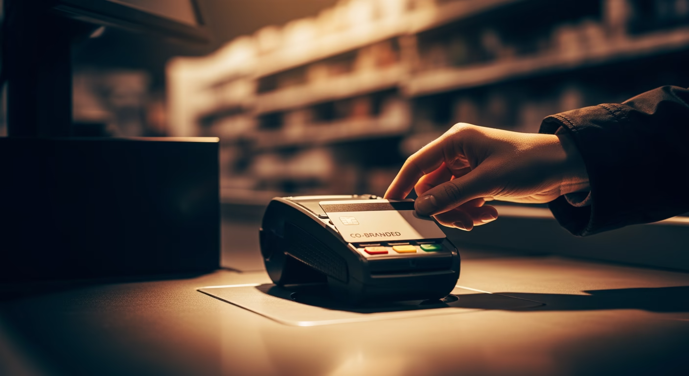 Bread Financial stock retail checkout counter with co-brand credit card terminal