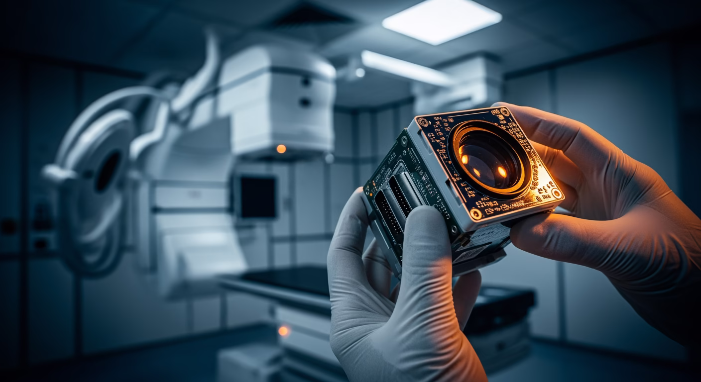 Mirion stock analysis engineers inspecting radiation detection sensors at a hospital medical facility