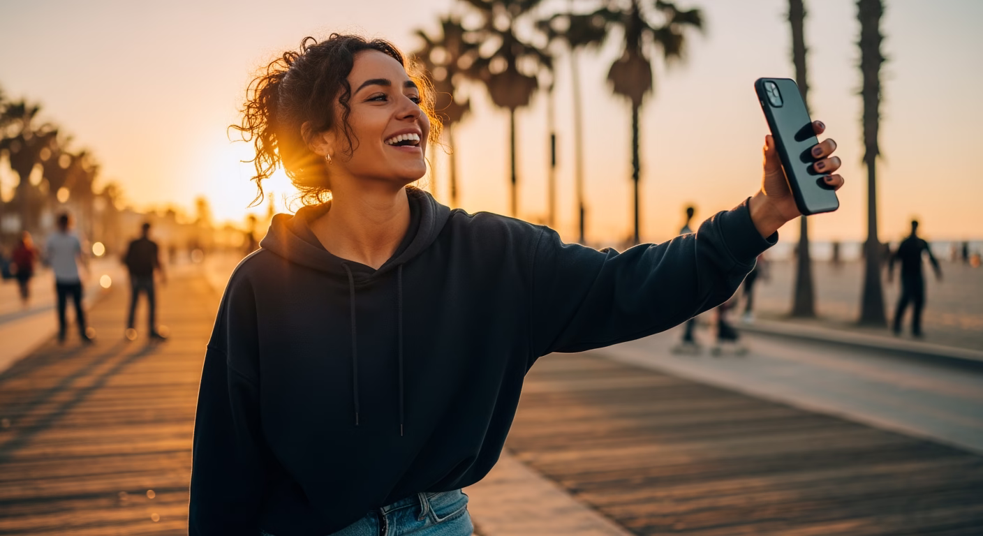 Snap stock analysis of a young user filming a video on a smartphone in a city street