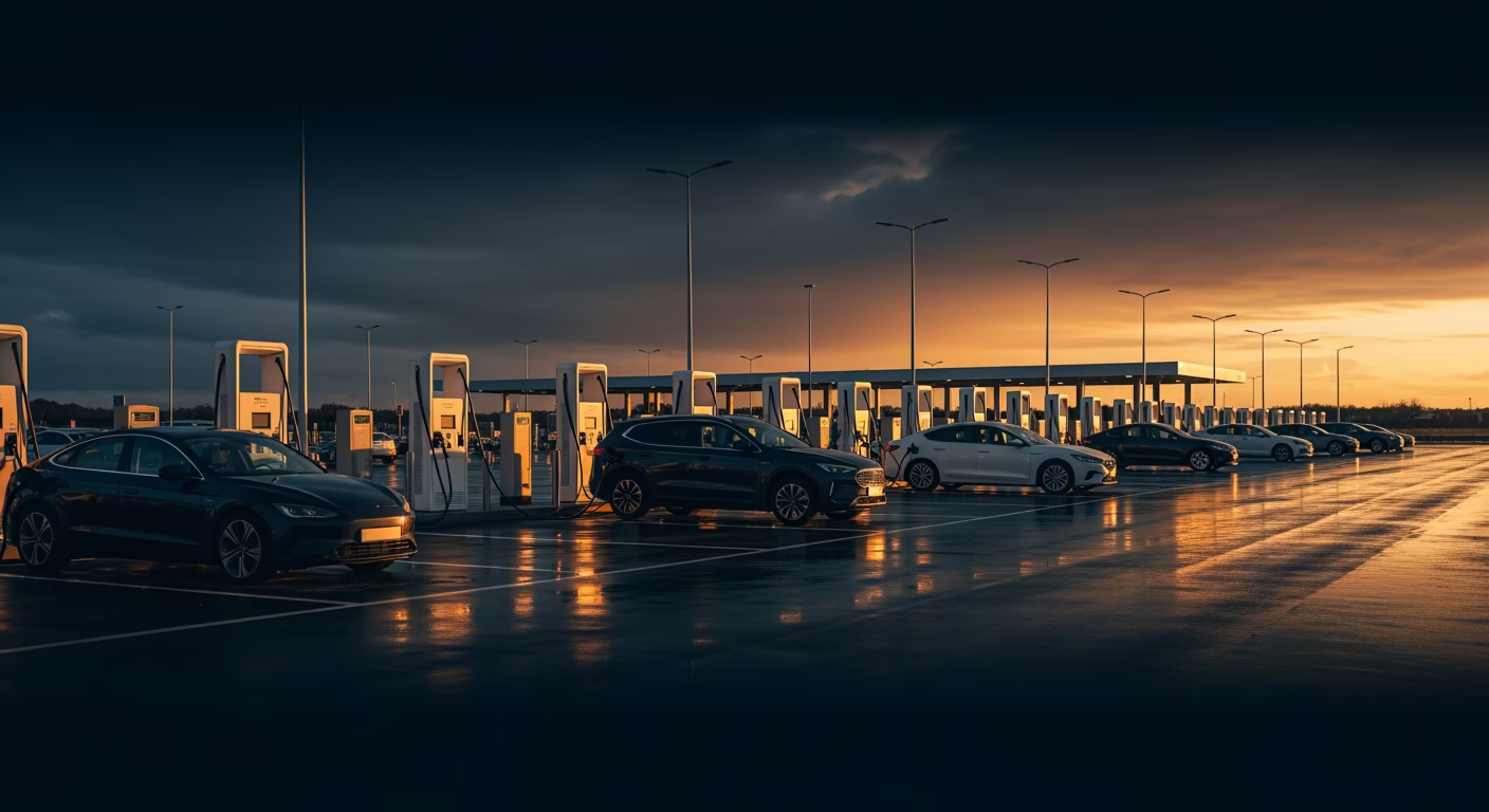 Tesla stock analysis of electric vehicle charging station at dusk