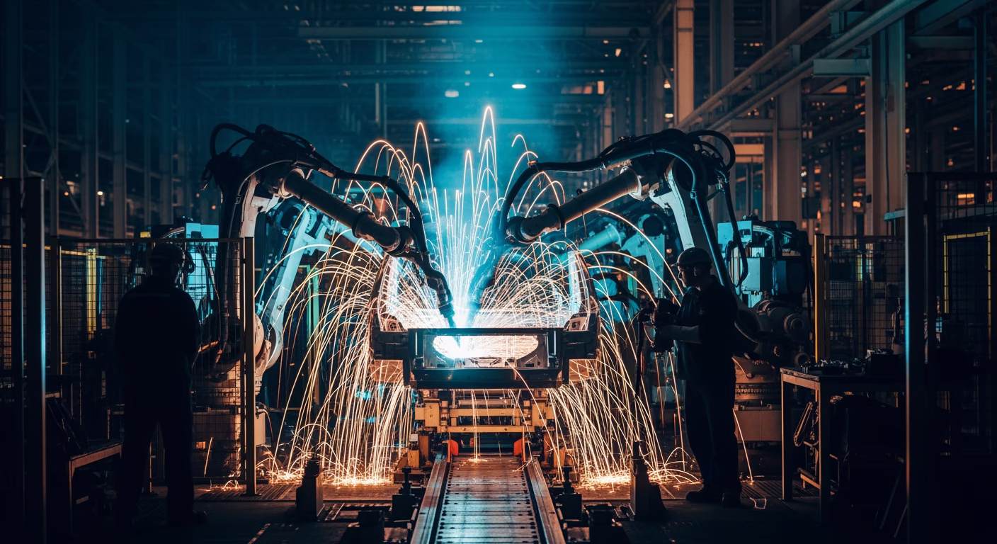 Tesla stock analysis of electric vehicle assembly line with robotic arms