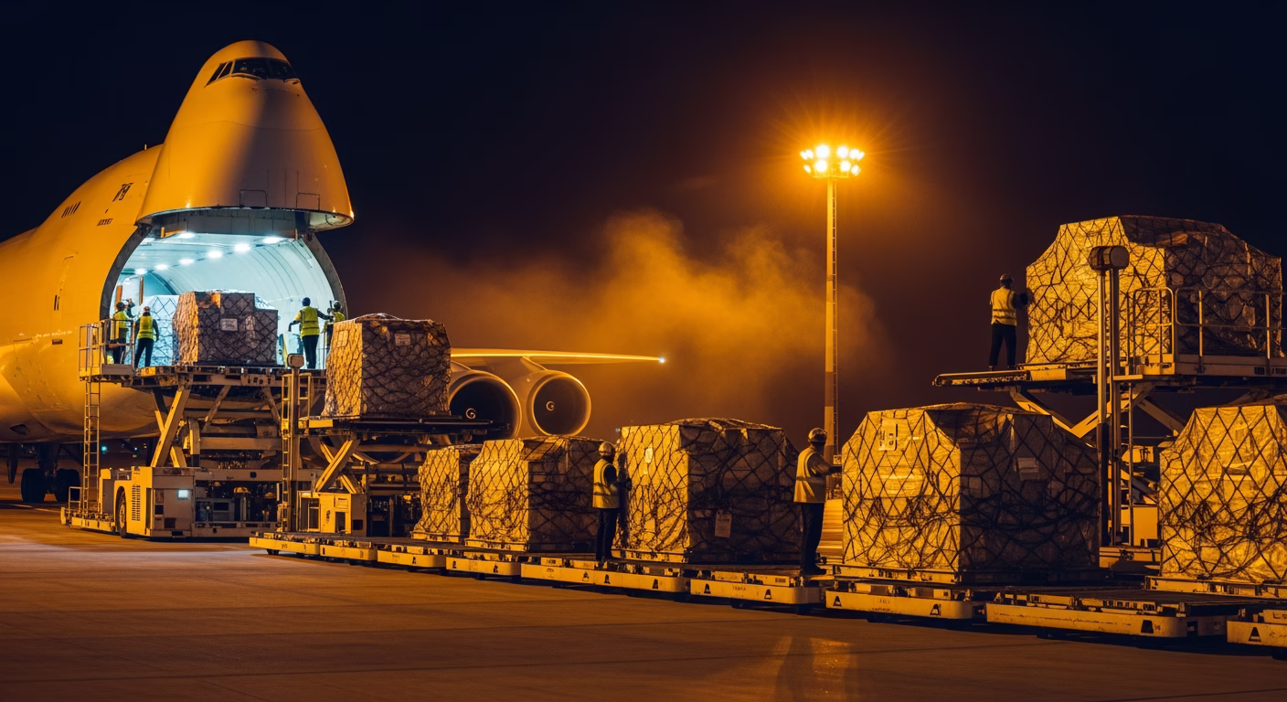 Amazon stock analysis: cargo aircraft loading freight containers on an airport apron at night