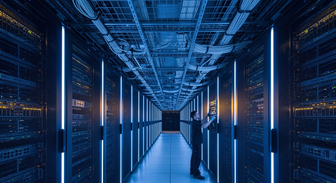 Cisco stock analysis: data center corridor lined with networking switch racks and fiber cabling