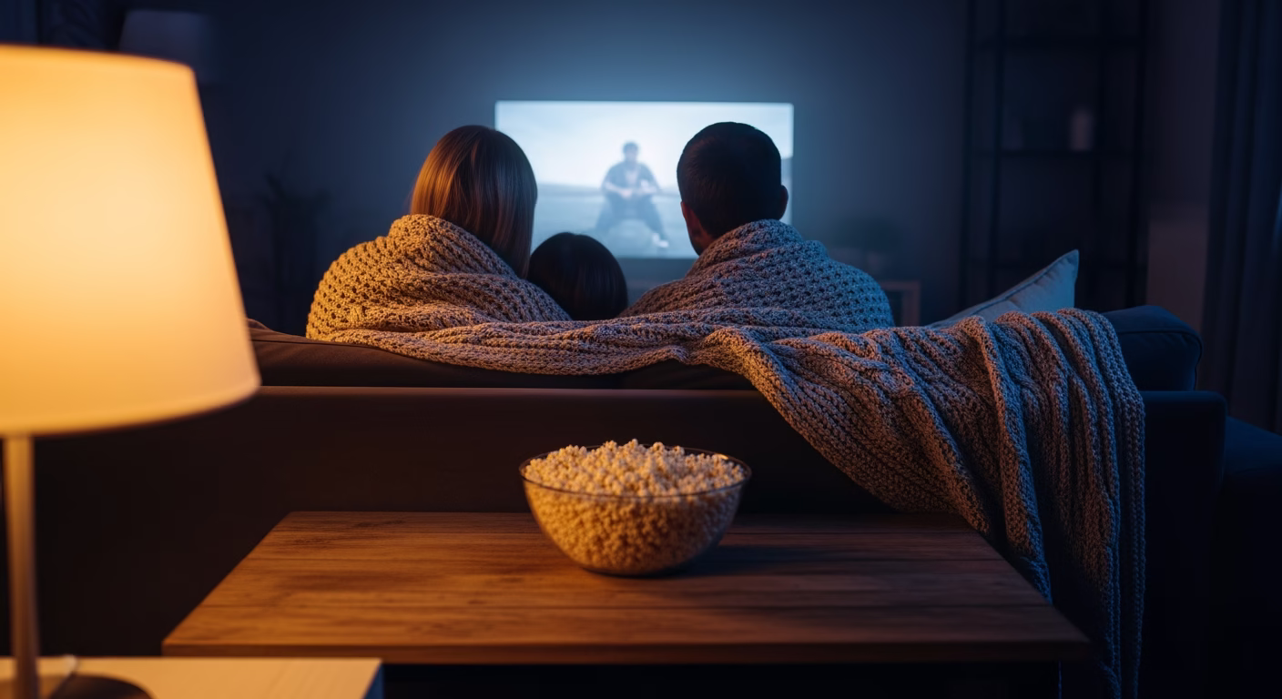 Netflix stock analysis of global streaming demand shown by a family watching television at night