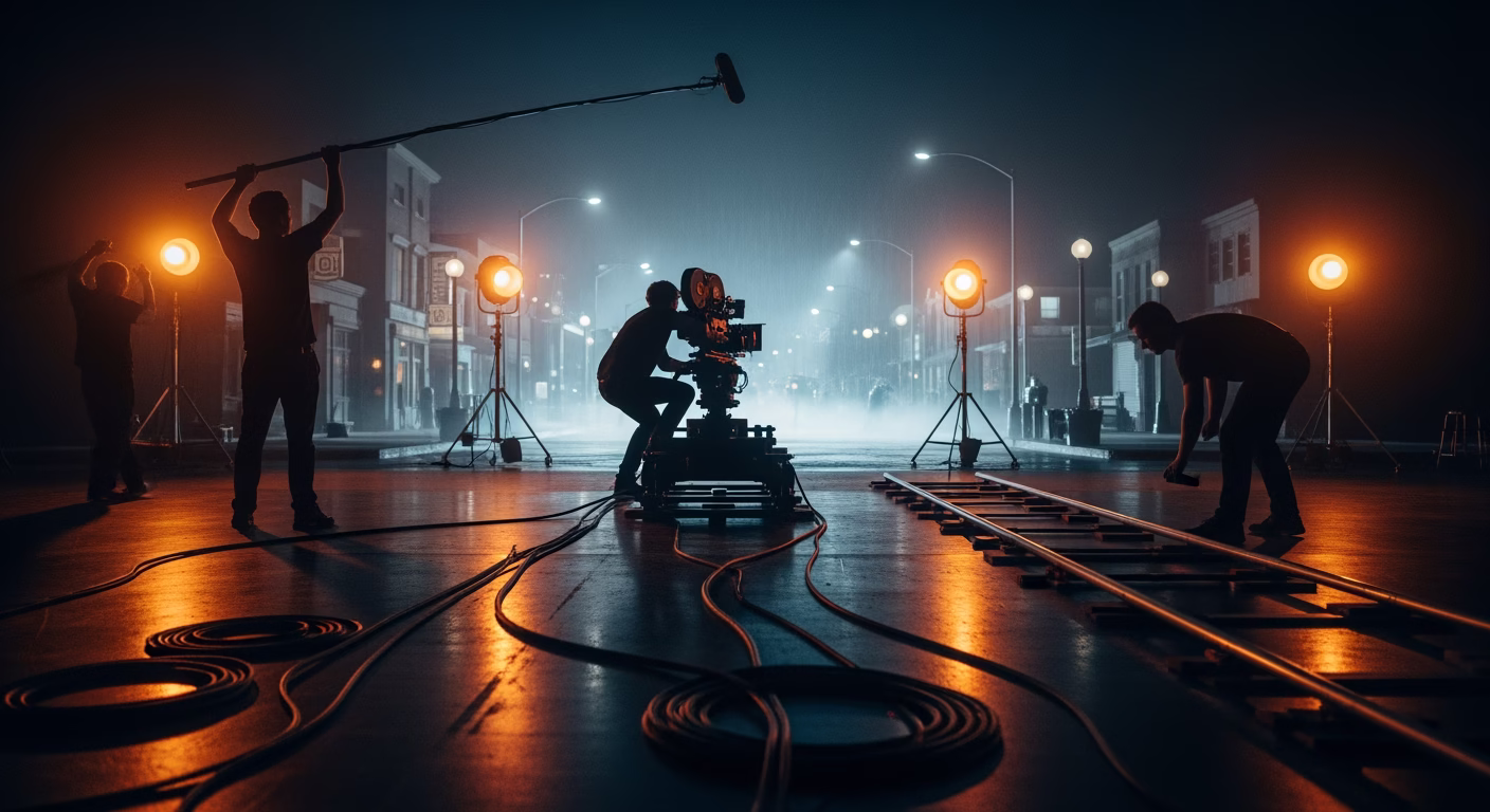 Netflix stock analysis film production set with camera crane and lighting rigs