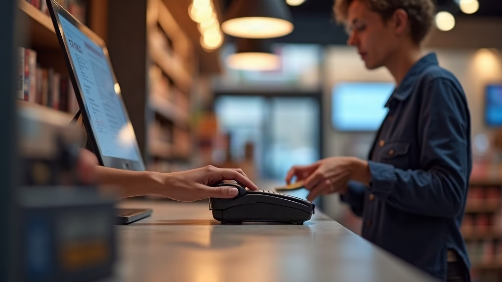Shopper tapping a card on a countertop payment terminal at a retail checkout