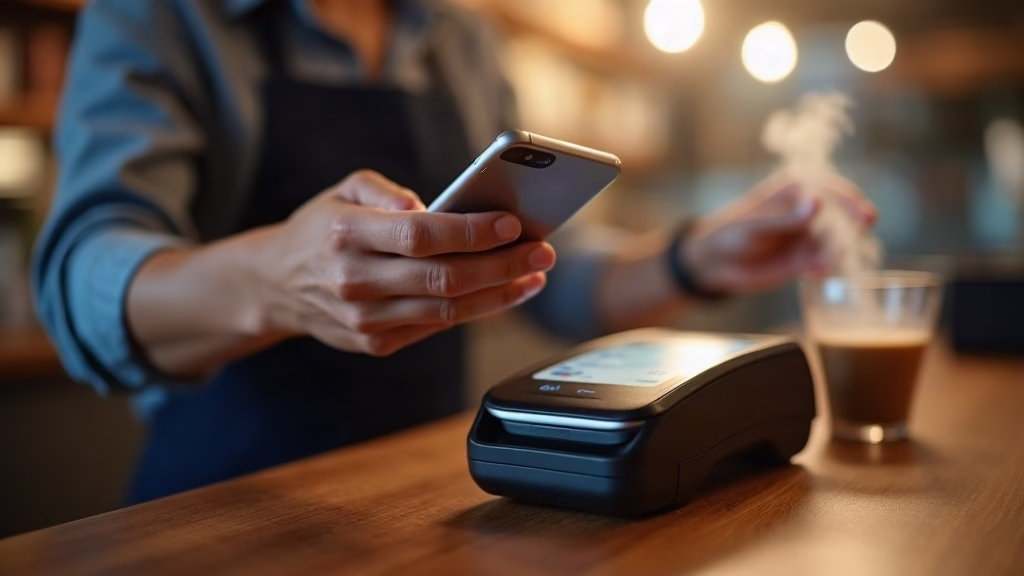 Customer making a contactless smartphone payment at a cafe counter