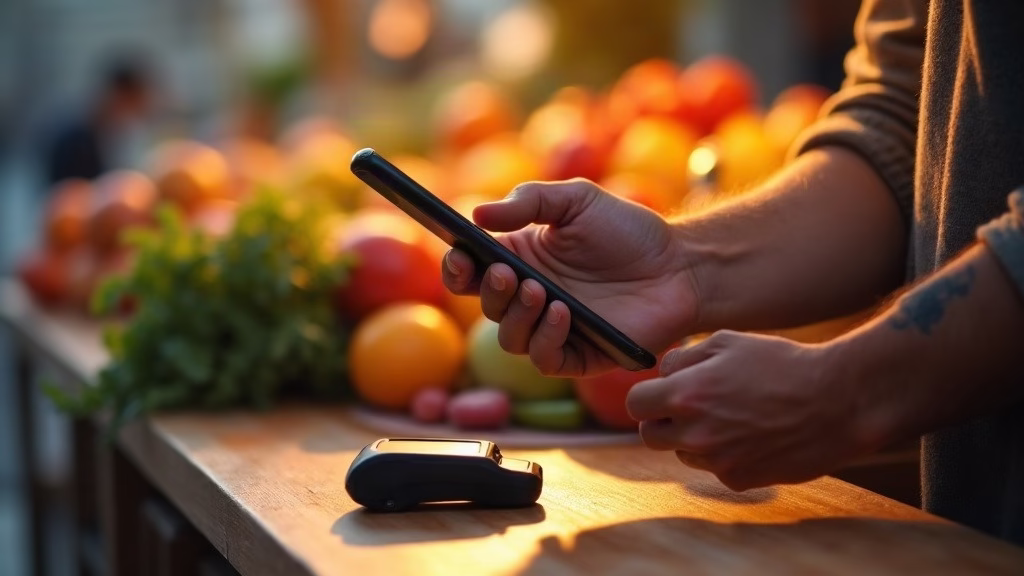 Customer paying by smartphone at a mobile card reader on a market stall
