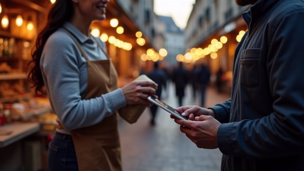 Customer making a mobile payment at an open-air European market at dusk