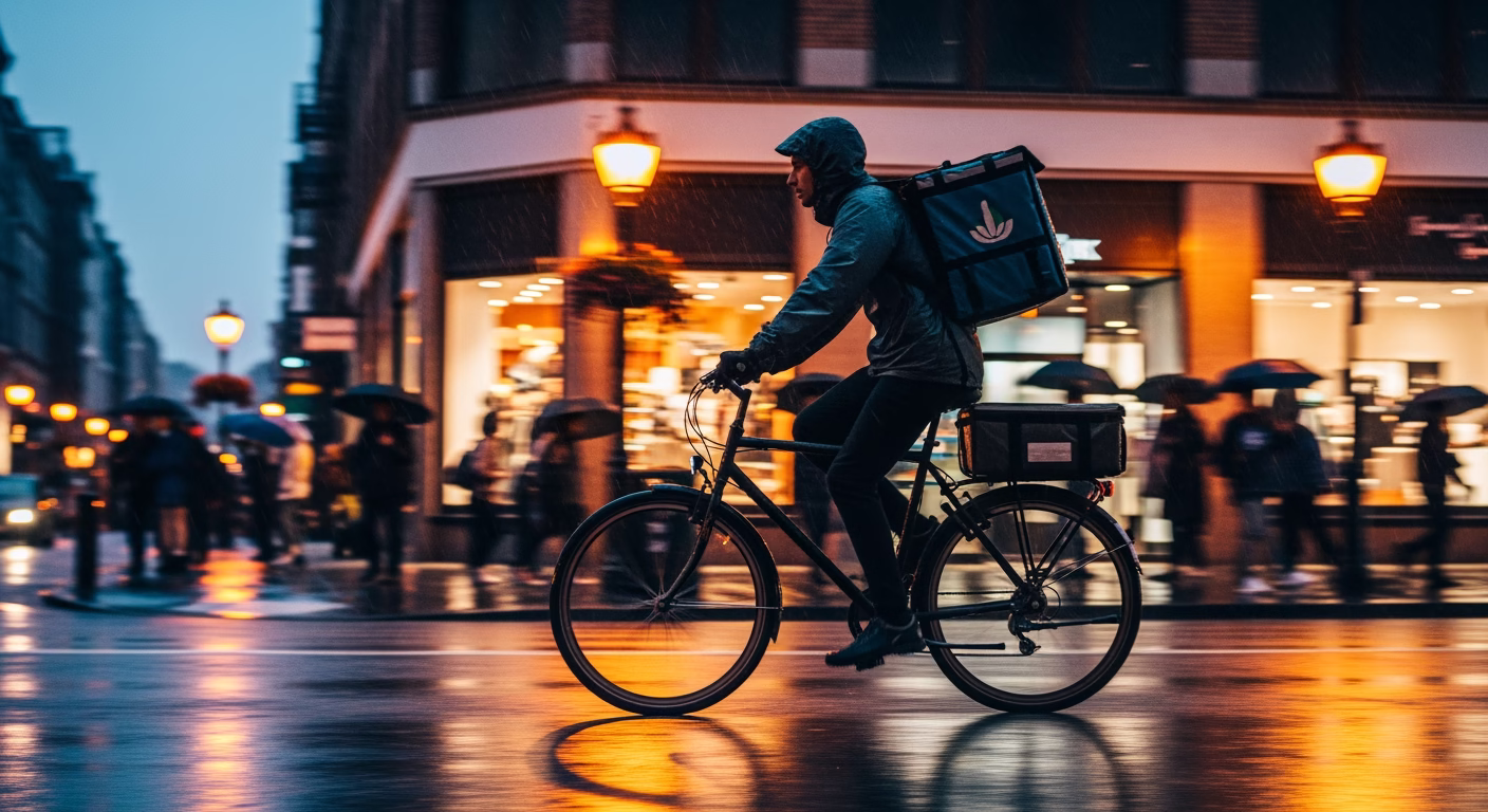 Uber stock analysis: courier on a scooter delivering a food order in a dense urban district
