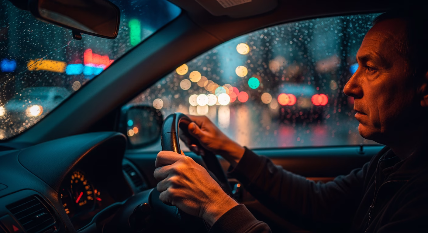Uber stock analysis: rideshare driver driving through a city street at night with phone mount