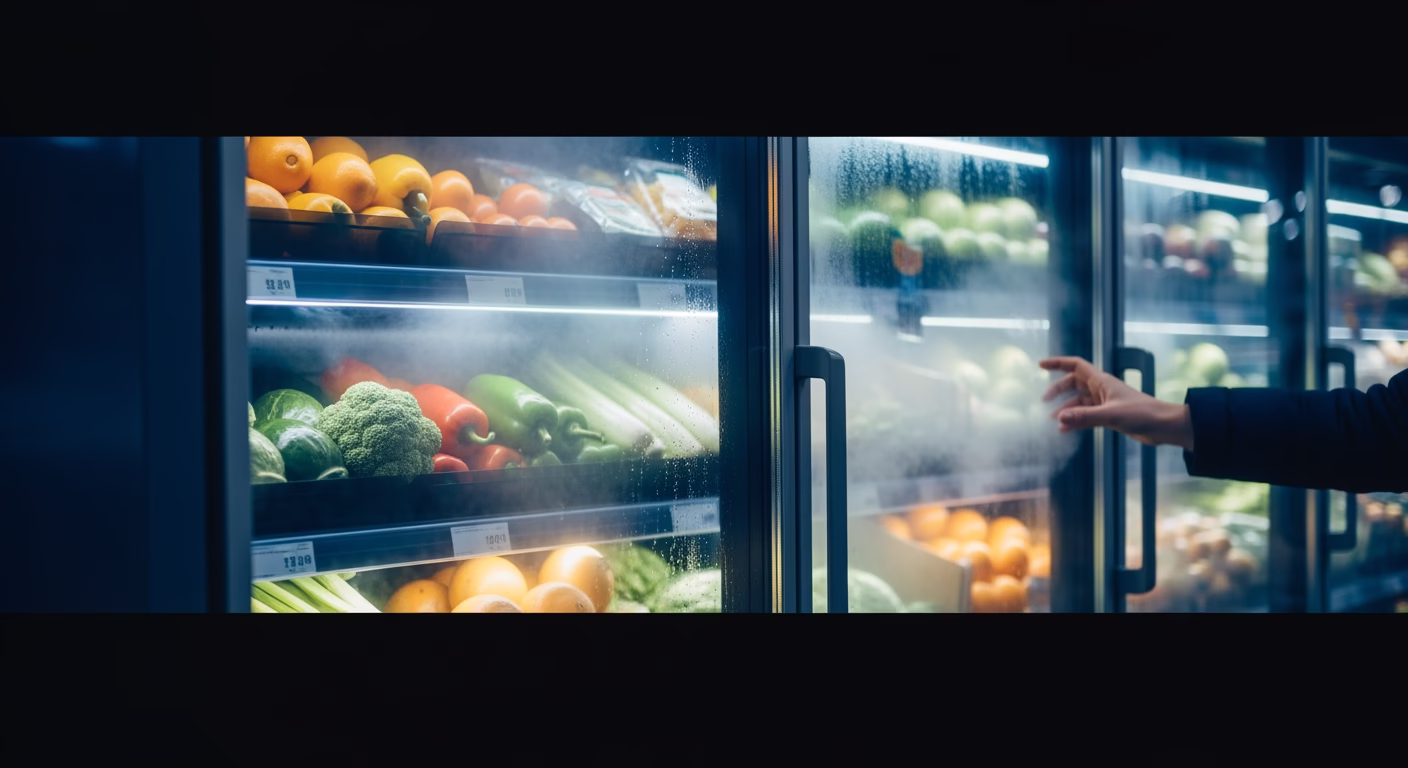 Walmart stock analysis: refrigerated grocery section with fresh produce displays