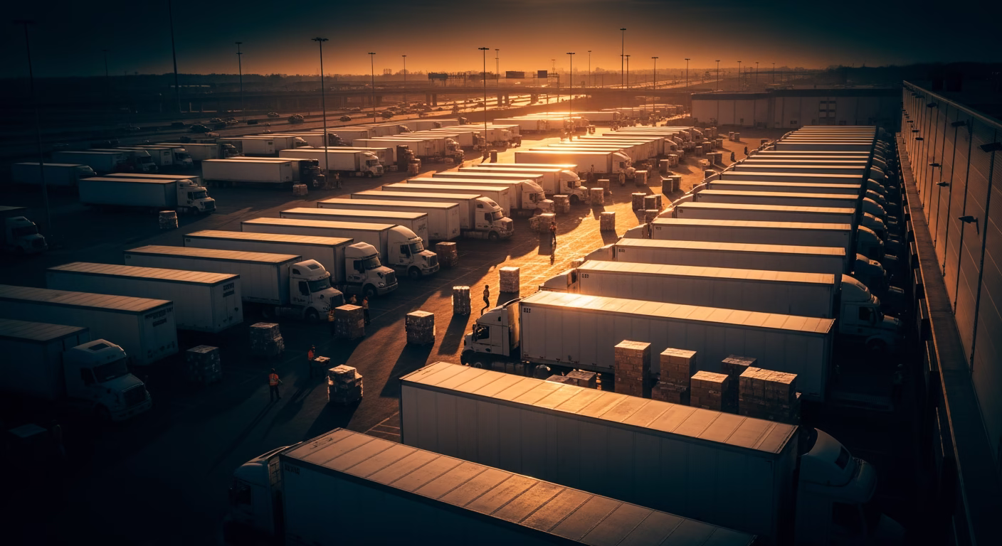 Walmart stock analysis: retail loading dock with delivery trucks at dawn