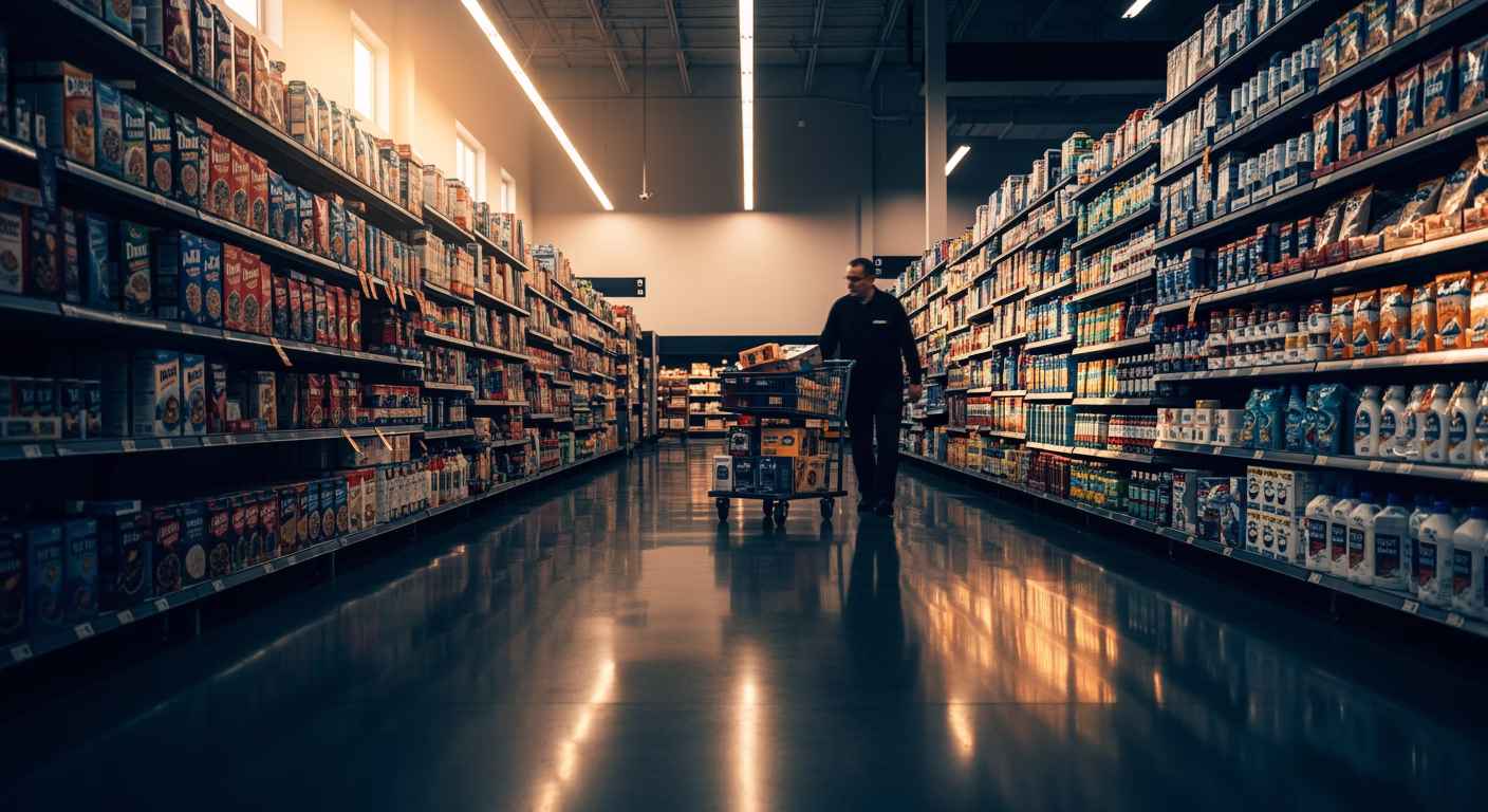 Walmart stock analysis: wide supercenter aisle with grocery shelves and shoppers