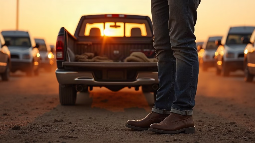 GM stock analysis: a rancher’s worn leather boots stand on wet gravel beside the open tailgate of a dust-covered…