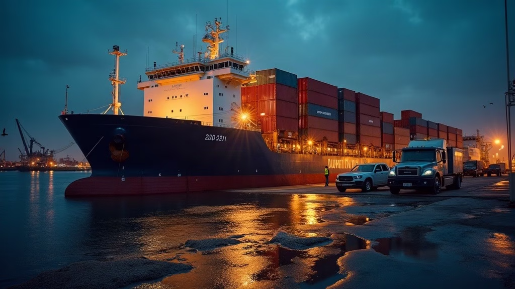 GM stock analysis: at a Great Lakes vehicle export terminal in deepening dusk, a roll-on/roll-off carrier glows with…