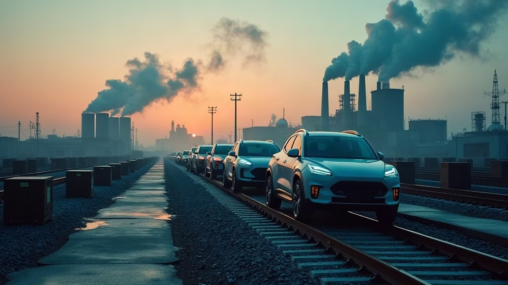 GM stock analysis: the reinvented auto factory stands beside its industrial railway at dawn — empty battery-pack…