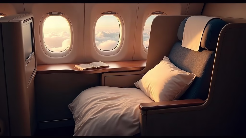 UAL stock analysis: inside a premium wide-body aircraft cabin at cruise altitude, a fully reclined lie-flat seat with…