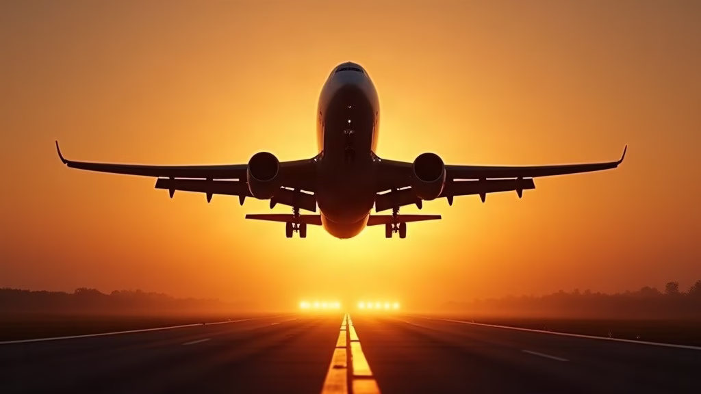 UAL stock analysis: a commercial airliner lifting off from a long runway at dawn, nose angled skyward, wing flaps…