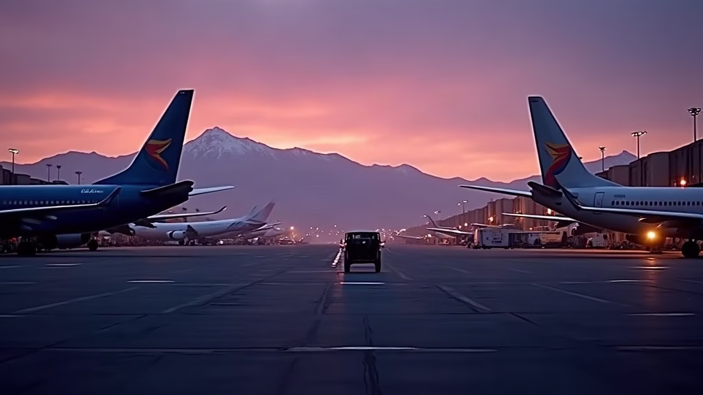 UAL stock analysis: wide-body passenger jets parked at gates at a high-altitude airport terminal with snow-capped Rocky…