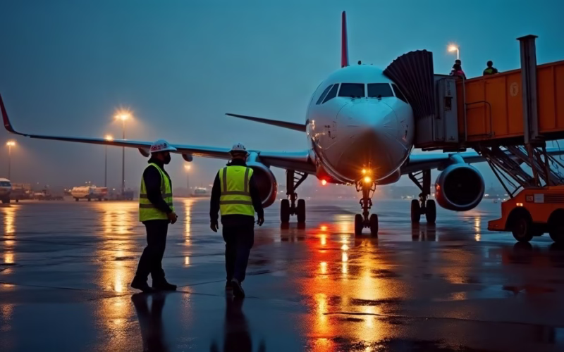 UAL stock analysis: ground crew in high-visibility vests marshals a twin-aisle jet into a jet bridge at a busy airport…