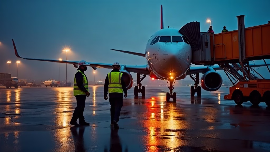 UAL stock analysis: ground crew in high-visibility vests marshals a twin-aisle jet into a jet bridge at a busy airport…