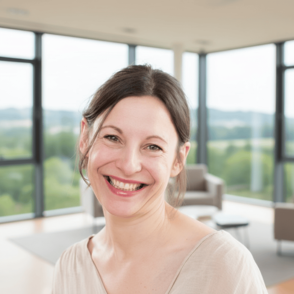 Carolin Fried 5 Freundliche frau in büro mit großen fenstern, modernem interieur, natürlichem licht, professionelles umfeld, lächelnd, business, workspace, produktivität, berufliche umgebung, glückliche kollegin.