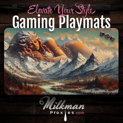 Sexy mtg playmat with nordic giantess on a mountain