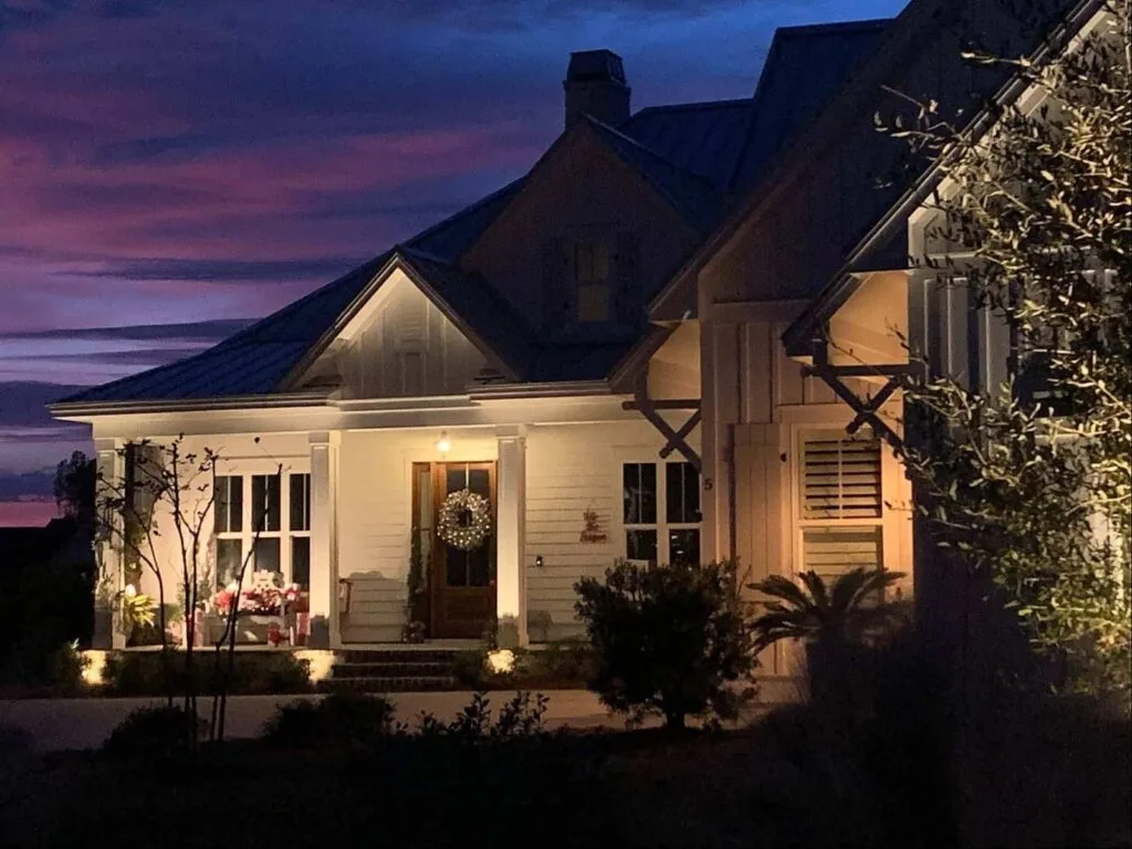 Beautiful nighttime exterior lighting in Bluffton, SC, enhancing house curb appeal and safety.