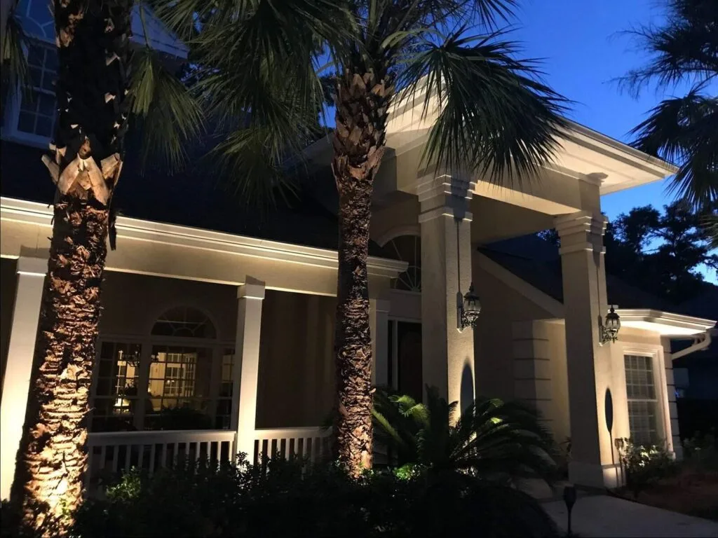 High-quality outdoor lighting enhances home aesthetics and security for this Hilton Head Island home.