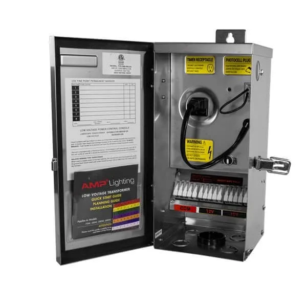 Steel outdoor electrical transformer for use in automated low-voltage lighting systems.