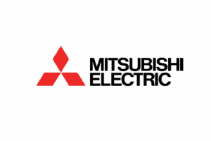 MITSUBISHI ELECTRIC LOGO ON RED BACKGROUND, PROMOTING TOP-RATED HVAC AND PLUMBING SERVICES BY MY JOCKEY.