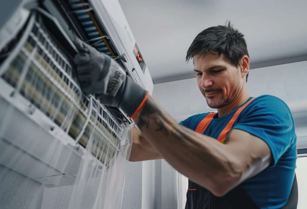 Highly skilled hvac technician repairing an air conditioning unit, emphasizing top-rated hvac and plumbing services expertise.