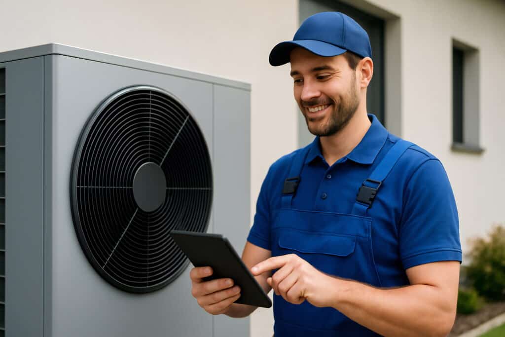 RELIABLE HVAC TECHNICIAN PERFORMING MAINTENANCE ON AIR CONDITIONING UNIT USING A TABLET, SHOWCASING PROFESSIONAL HVAC AND PLUMBING SERVICES.