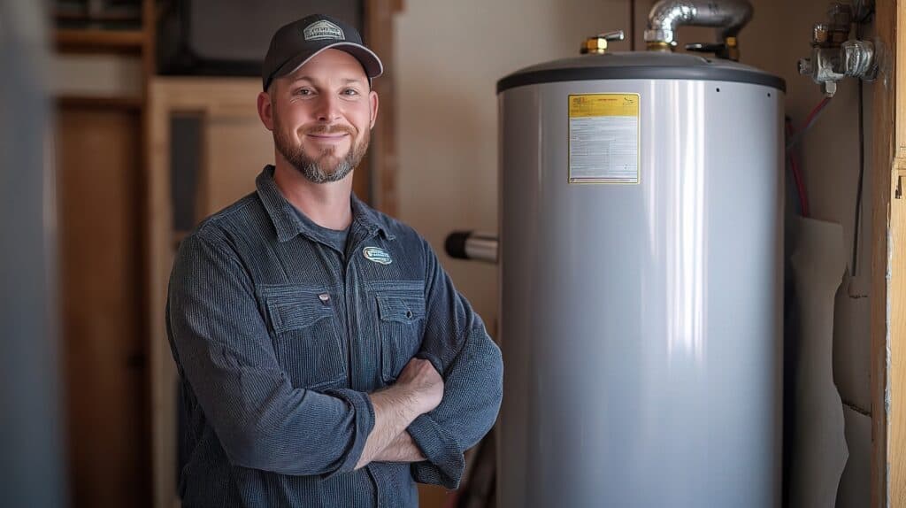 HIGH-QUALITY IMAGE OF A PROFESSIONAL HVAC TECHNICIAN STANDING NEXT TO A WATER HEATER, SHOWCASING TOP-RATED PLUMBING SERVICES FOR RESIDENTIAL AND COMMERCIAL CLIENTS.