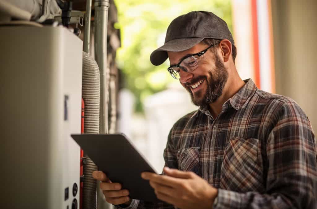 HVAC TECHNICIAN CHECKING SYSTEM ON DIGITAL TABLET AT RESIDENTIAL PROPERTY, EMPHASIZING TOP-RATED HVAC SERVICES AND PROFESSIONAL PLUMBING SOLUTIONS.