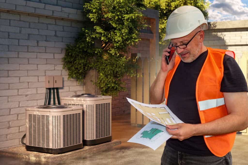 HVAC TECHNICIAN INSPECTING HEATING AND COOLING UNITS OUTSIDE A HOME, HOLDING A CLIPBOARD AND DISCUSSING MAINTENANCE DETAILS.