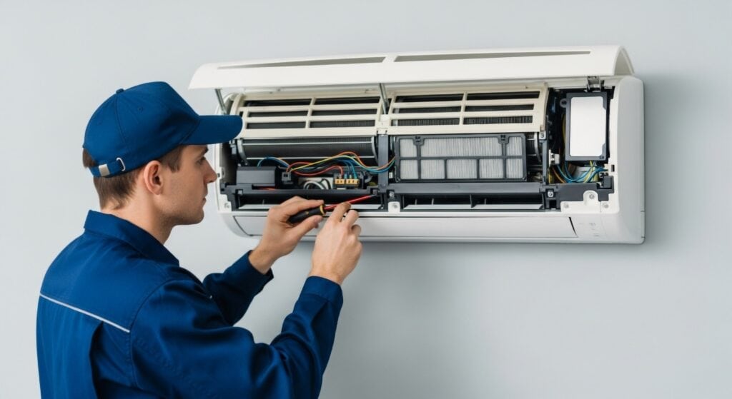 EFFICIENT HVAC TECHNICIAN REPAIRING A WALL-MOUNTED AIR CONDITIONING UNIT FOR OPTIMAL CLIMATE CONTROL AND ENERGY SAVINGS. EXPERT HVAC AND PLUMBING SERVICES FOR YOUR HOME OR BUSINESS.