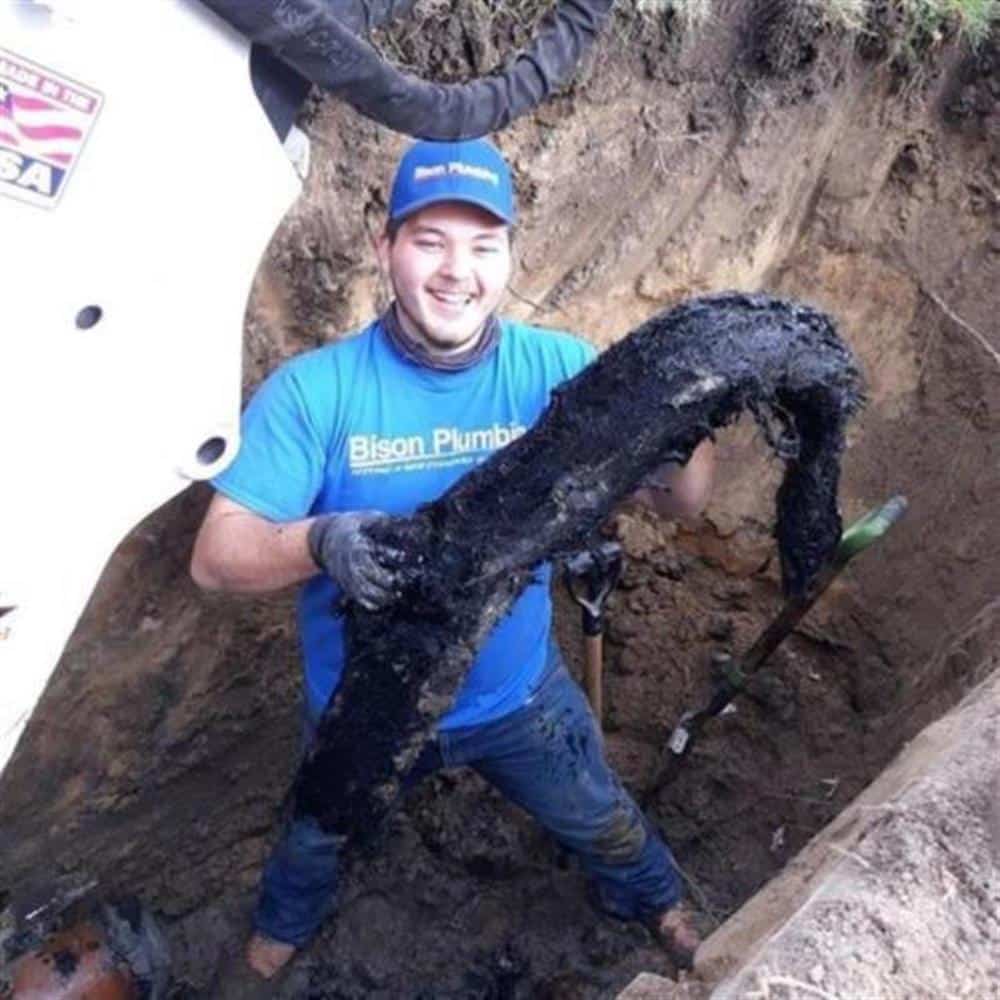 A smiling Bison Plumbing technician in a blue shirt holding a long, dense black root mass pulled from a sewer lateral, standing in an open excavation beside a white van